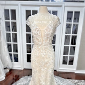Ember- Semi Custom Fit & Flare Wedding Dress- Beaded- Plunge Neckline Open Back Layered Lace- Custom Wedding Dress