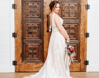 Holly - Custom Boho wedding dress, Tassel wedding dress, lace up wedding dress, geometric wedding dress, boho geometric wedding dress