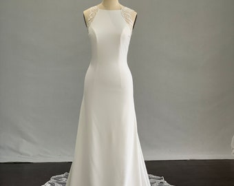 Laura- Semi Custom Sheath Crepe Wedding Dress with Halter Illusion Neckline- Custom Wedding Dress