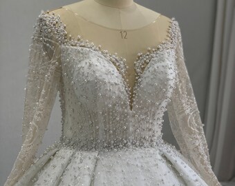 Sofia- Semi Custom Ball Gown Wedding Dress- Illusion Neckline with Pearl Heavy Beading and Glitter Tulle- Custom Wedding Dress