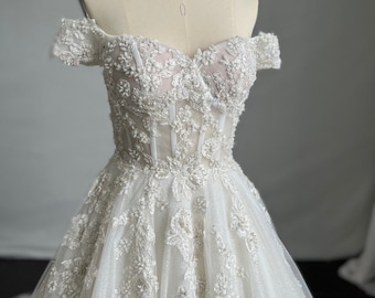 Wendy- Semi Custom A-Line Wedding Dress- Off Shoulder Beaded Lace with Glitter Tulle- Custom Wedding Dress