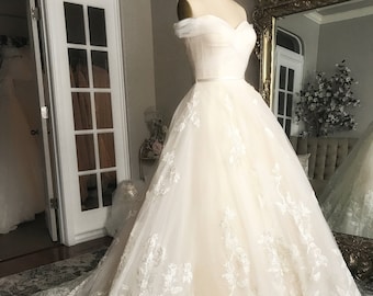 Bella-Unique Lace Floral champagne and ivory wedding dress, Ball Gown, puffy Wedding dress, off the shoulder, sweet heart neckline, roses,
