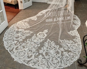 Exquisite Sequin Scalloped lace beaded drop style veil, Royal Length Veil, Long scallopped veil, Custom Bridal Veils, Scalloped wedding veil