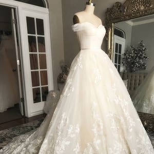 Bella-Unique Lace Floral champagne and ivory wedding dress, Ball Gown, puffy Wedding dress, off the shoulder, sweet heart neckline, roses, image 1