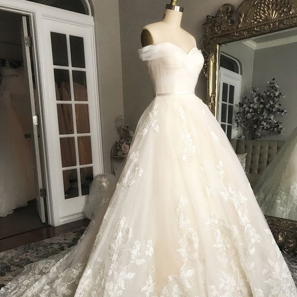 Bella-Unique Lace Floral champagne and ivory wedding dress, Ball Gown, puffy Wedding dress, off the shoulder, sweet heart neckline, roses,