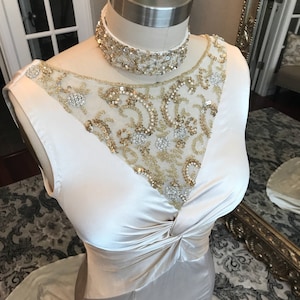 Daisy- Unique beaded and embroidered champagne sheath fitted wedding dress, evening gown, mother of the bride, made to order, cowel neck, Ar