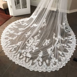 Bright White Custom Lace Veil, Lace edge veil, cathedral length veil, bridal veil, white veil, made to order, comb, veils