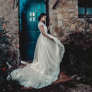 Stella- unique Lace art deco, full beaded in champagne / ivory color, detachable skirt, lace wedding dress, fitted wedding dress, custom