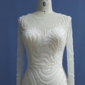 Unique Beaded Light ivory Long sleeve wedding dress, Tulle Overskirt, Wedding Dresses, Illusion neckline, Overskirt, Detachable skirt,Custom