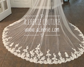 SALE - Sequined Soft embroidery lace scallop edge chapel length veil, long veils, custom veils, bridal veils, floral lace veil