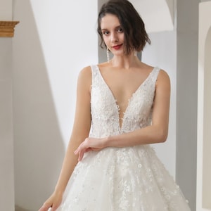 Isabella- Semi Custom Full A-Line Wedding Dress- Plunge Neckline with 3D Floral Lace and Rhinestones- Custom Wedding Dress