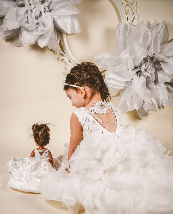 Custom beaded lace organza flower girl dress, detachable train, made to order Custom dresses, couture flower girl dress, Hanging Beads