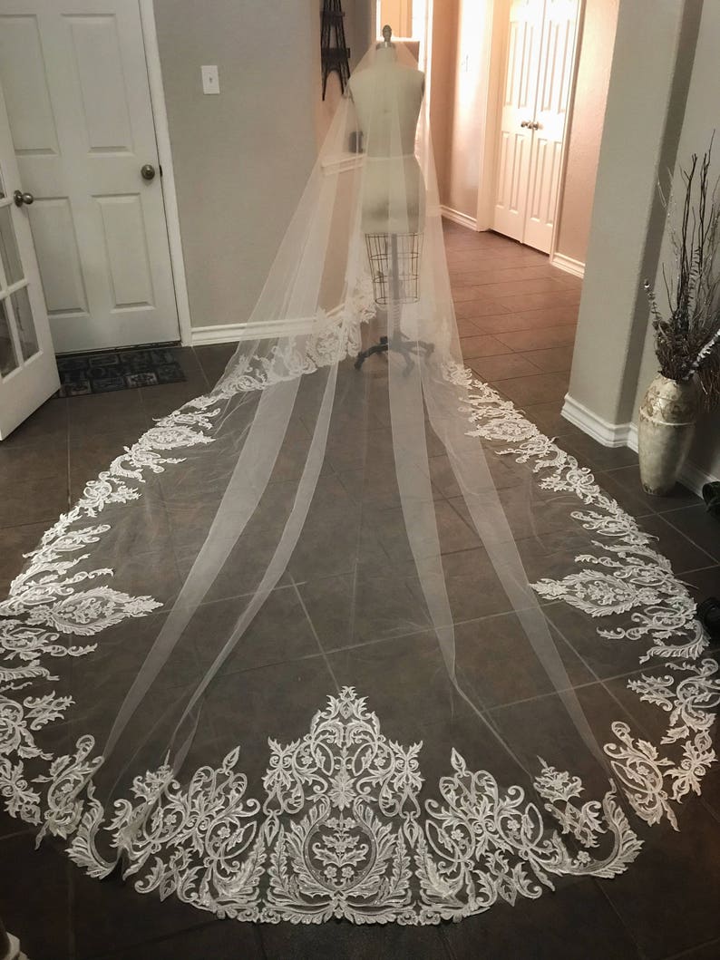 Royal Length Sequined Unique Lace Veil, Drop Style Veil, Custom bridal veil, Cathedral Length Veil, unique wedding veils, lace drop veil image 6
