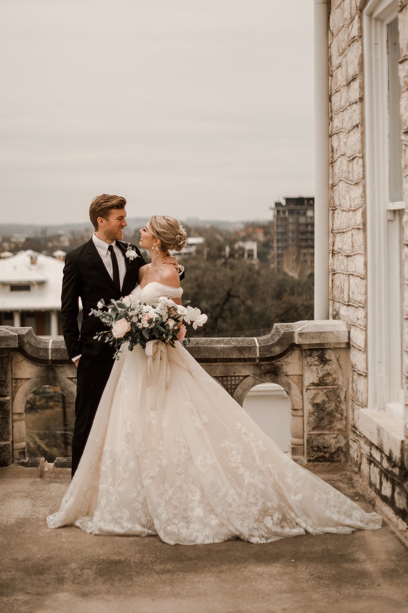 Bella-Unique gold metallic Floral lace champagne and ivory wedding dress, Ball Gown, off the shoulder, sweet heart neckline, Unique wedding image 7