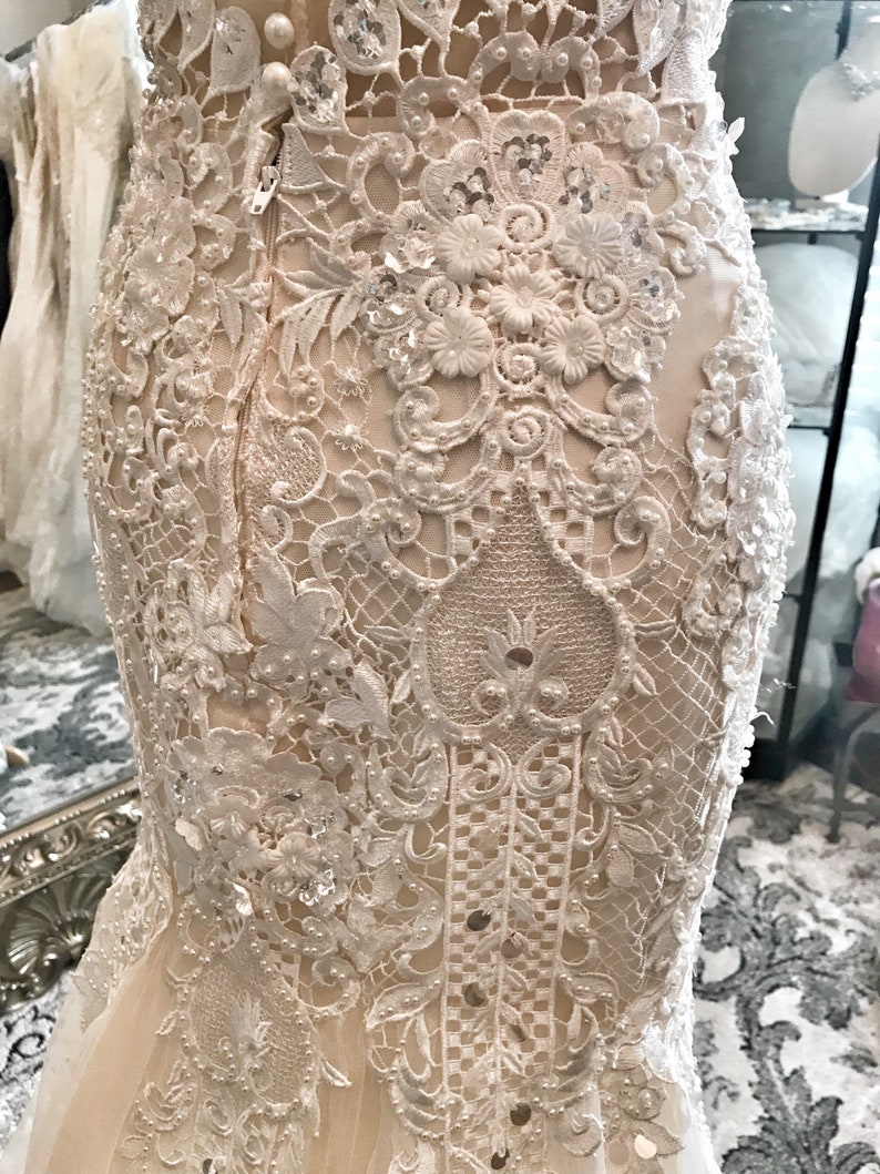 Stella unique Lace art deco, full beaded in champagne / ivory color, detachable skirt, lace wedding dress, fitted wedding dress, custom image 9