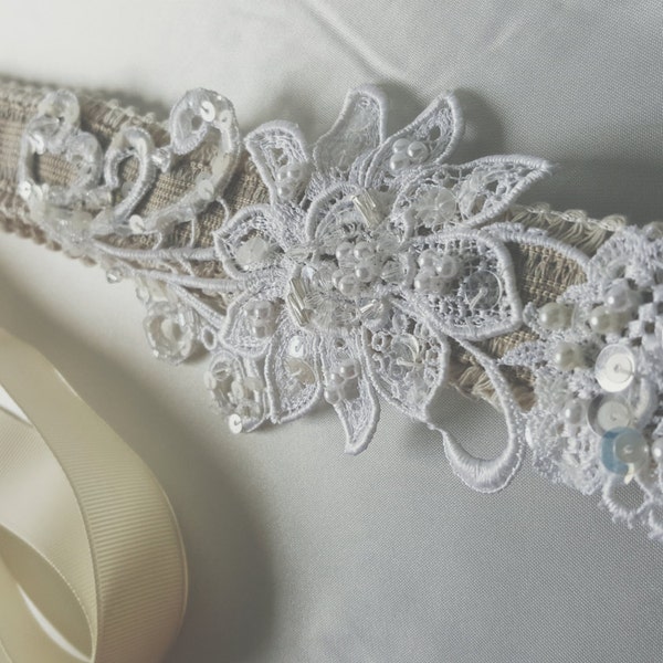 Rustic Lace Burlap Ivory Wedding Headband, Beaded Headband, Velvet Headband, Bridal Headband, Beaded Lace, Couture Headband, Ivory, Chic