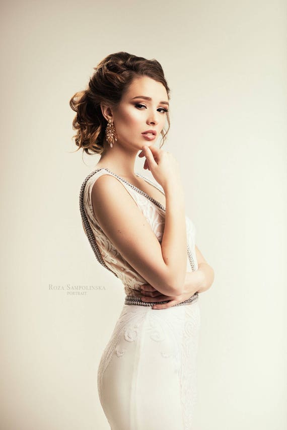 Kira Unique Art Deco Wedding Dress With Open Back Low Cut Etsy
