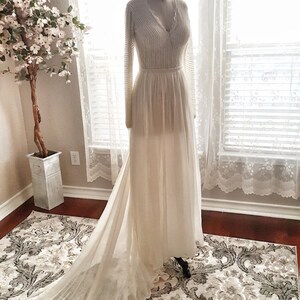 Pearl Hand beaded Sheer Pearl Lace Silk Chiffon Wedding Gown, Simple Wedding gown, Sexy Wedding Gown, Pearl Wedding Dress, Sheath, Chiffon image 5