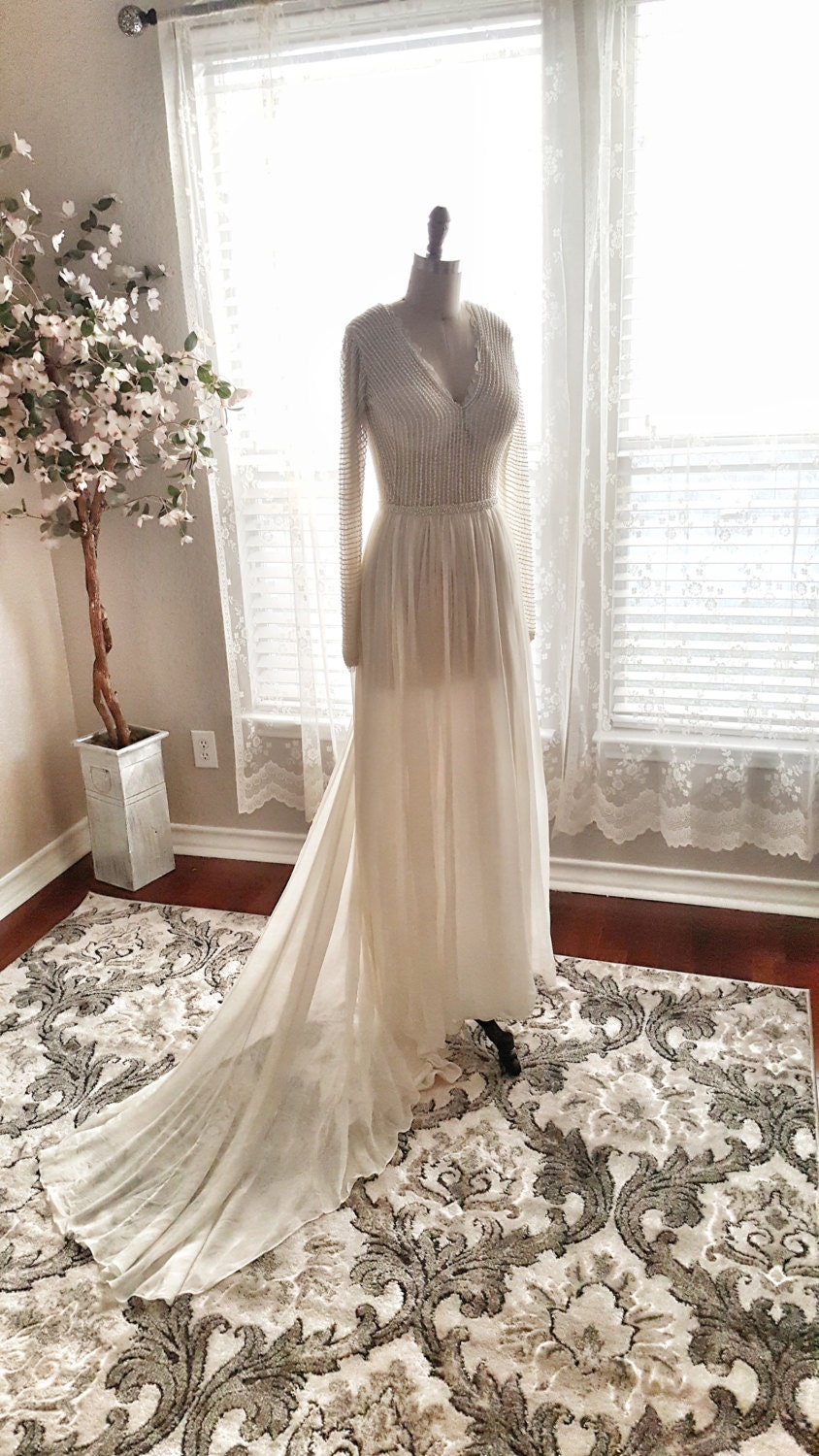 Trend4us Luxe Couture Sheer Pearl & Feather Gown
