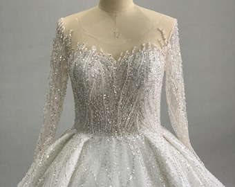 Ella- Semi Custom Ball Gown Wedding Dress- Illusion Neckline, Keyhole Back with Heavy Beading and Glitter Tulle- Custom Wedding Dress