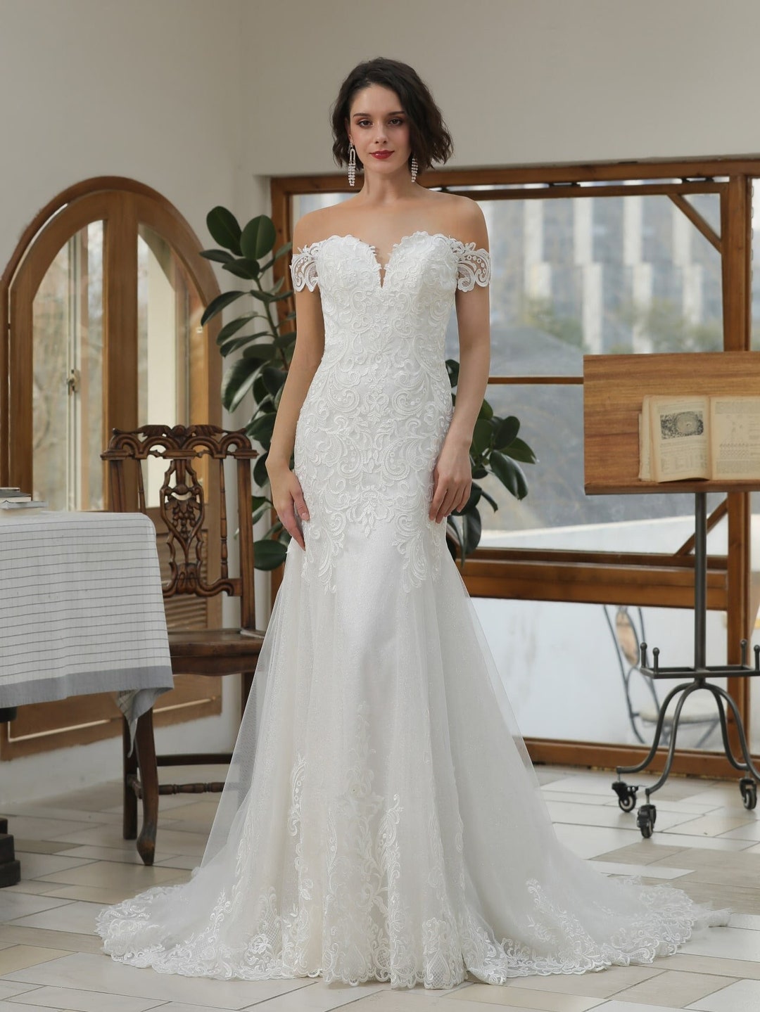 Blair- Semi Custom Fit & Flare Wedding Dress- Off Shoulder Sequin Lace with Glitter Tulle- Custom Wedding Dress