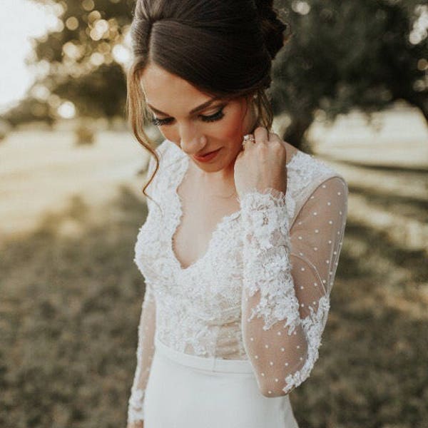 Lauren- Custom polka dot lace beaded fitted wedding dress, custom dresses, nude swiss dot fitted wedding dress