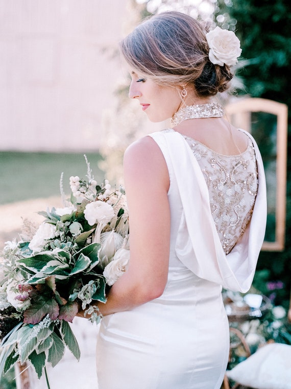 Champagne Beaded Cowl Neck Wedding Dress: 20s Inspired Fit & Flare