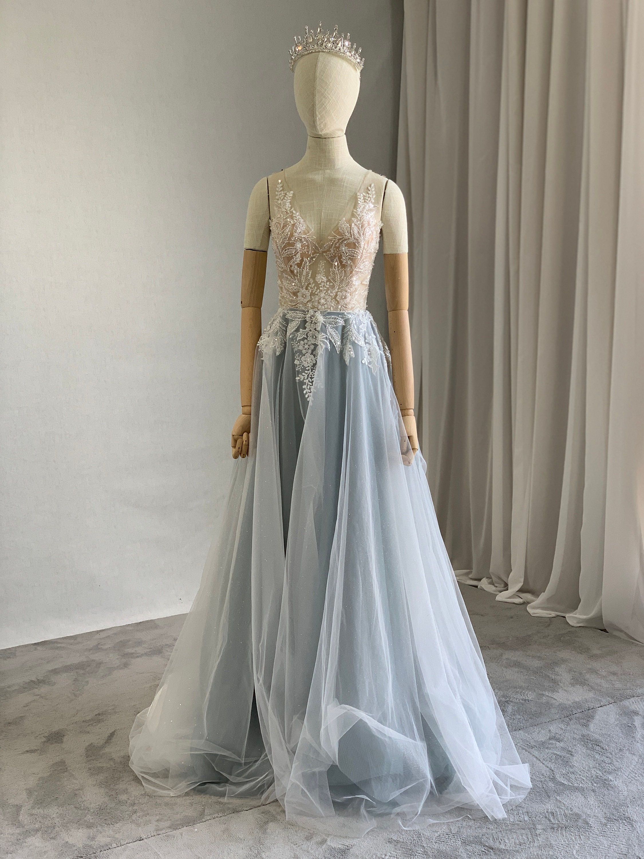 Beaded Lace & Crepe Fit and Flare Wedding Dress - Semi Custom Beaded Lace & Crepe Fit and Flare Wedding Dress - Semi Custom
