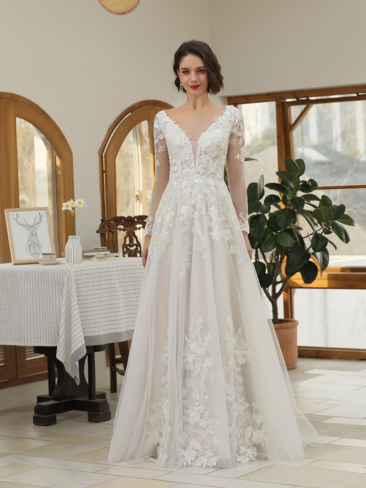a line plunge wedding dress Plunging Lace Bodice Tulle A-Line Wedding Gown with Ethereal Train Size 20