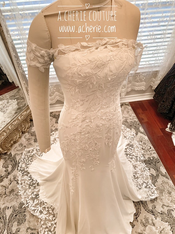 slim fit dress slacks Ladivine CK703W Off The Shoulder Fitted Lace Bridal Gown, Off White / 10 main image 1