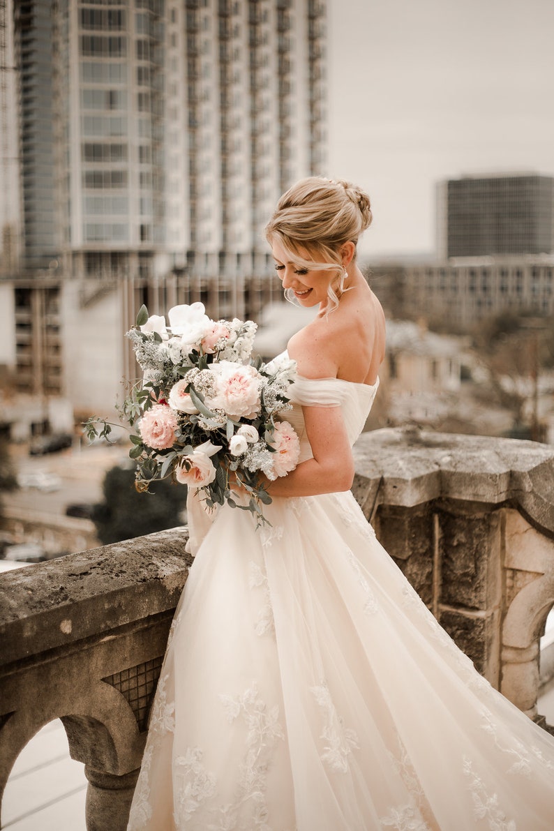 Bella-Unique gold metallic Floral lace champagne and ivory wedding dress, Ball Gown, off the shoulder, sweet heart neckline, Unique wedding image 3