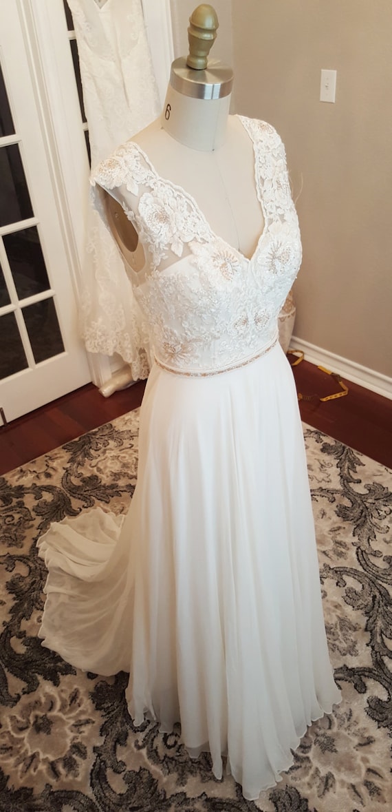 Abby Rose Gold Floral Lace Applique Wedding Dress Chiffon Etsy