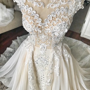 Stella unique Lace art deco, full beaded in champagne / ivory color, detachable skirt, lace wedding dress, fitted wedding dress, custom image 3