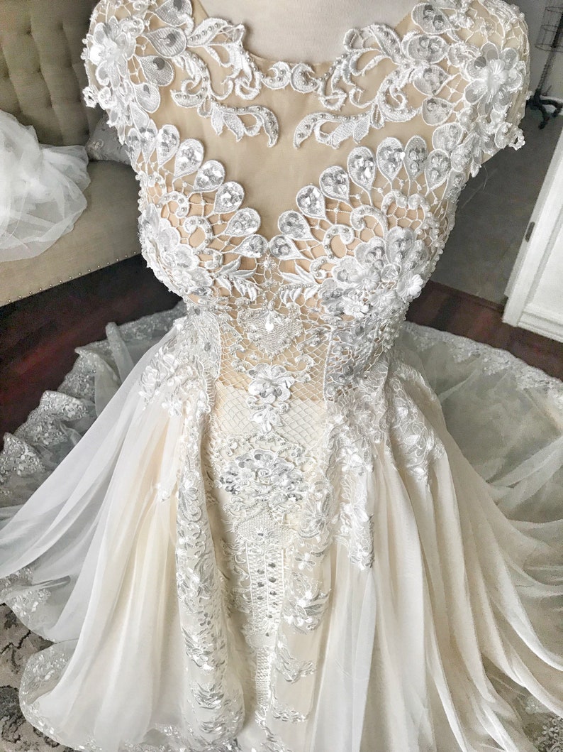 Stella unique Lace art deco, full beaded in champagne / ivory color, detachable skirt, lace wedding dress, fitted wedding dress, custom image 3