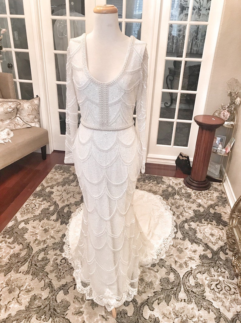 Elizabeth E Heavily Beaded All Ivory colored wedding dress, Elegant Wedding Dress, Custom made, Beaded Wedding Dress, Fitted, Sleeves image 9