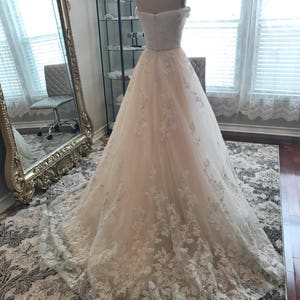 Bella-Unique Lace Floral champagne and ivory wedding dress, Ball Gown, puffy Wedding dress, off the shoulder, sweet heart neckline, roses, image 10