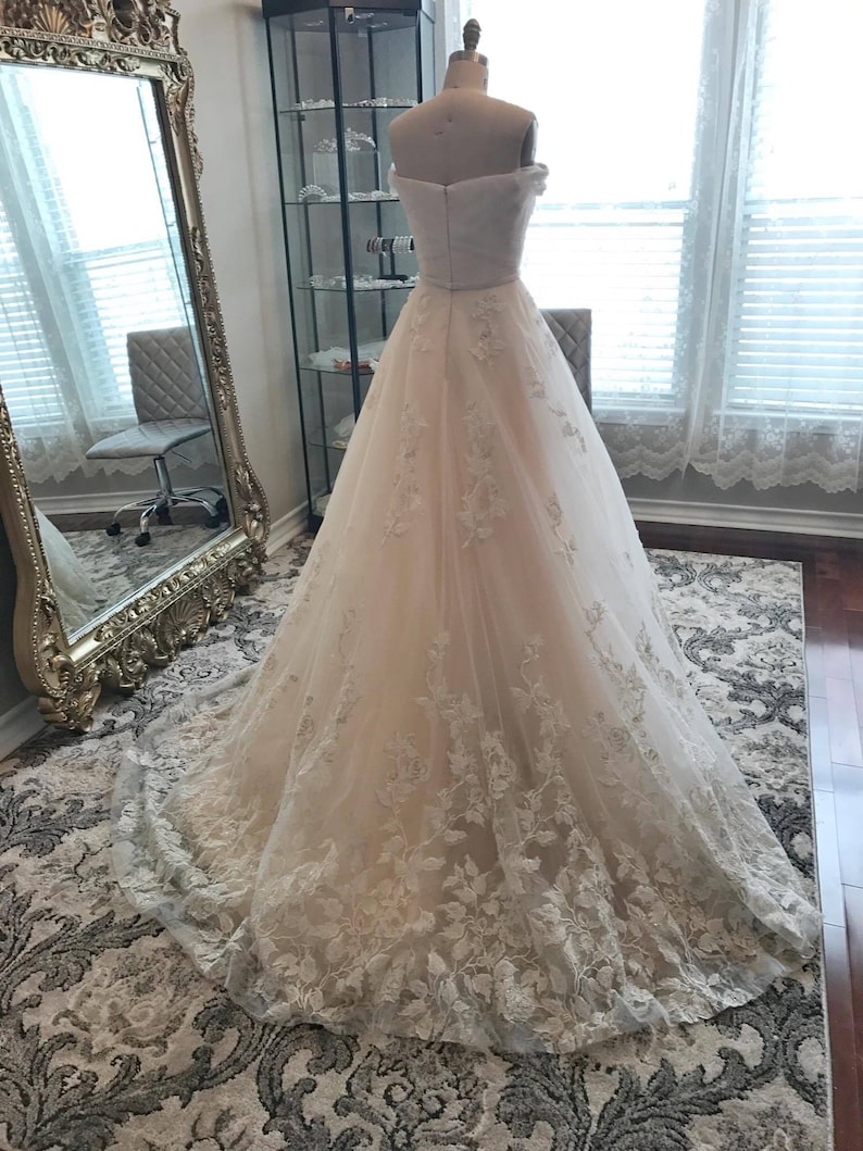 Bella-Unique Lace Floral champagne and ivory wedding dress, Ball Gown, puffy Wedding dress, off the shoulder, sweet heart neckline, roses, image 10