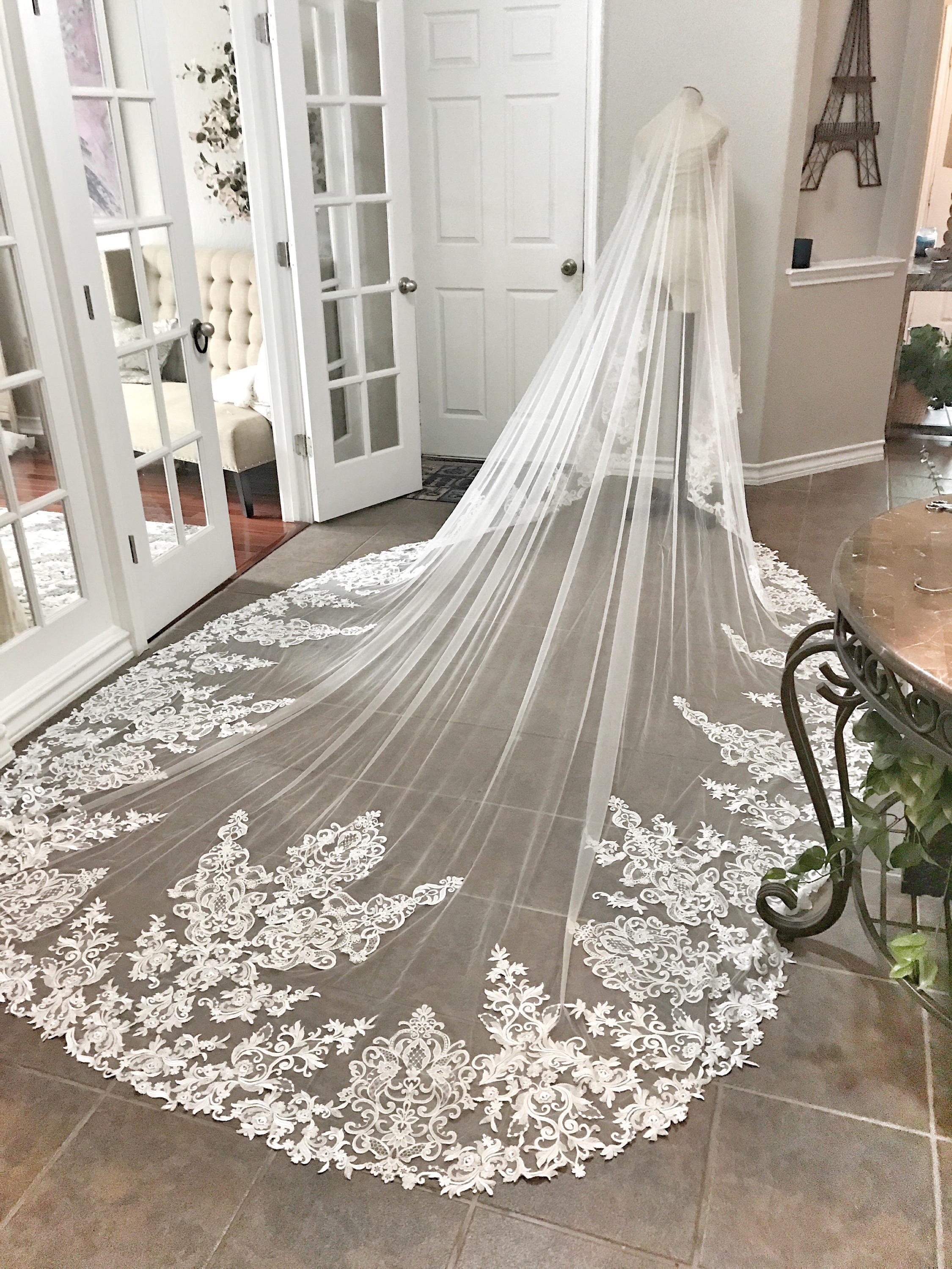 ACherieCouture Custom Royal Length Veil, Drop Style Veil, Mantilla Style Veil, Lace Edge Veil, Long Veil, Long Bridal Veil, Unique Lace Veil, Custom Veil