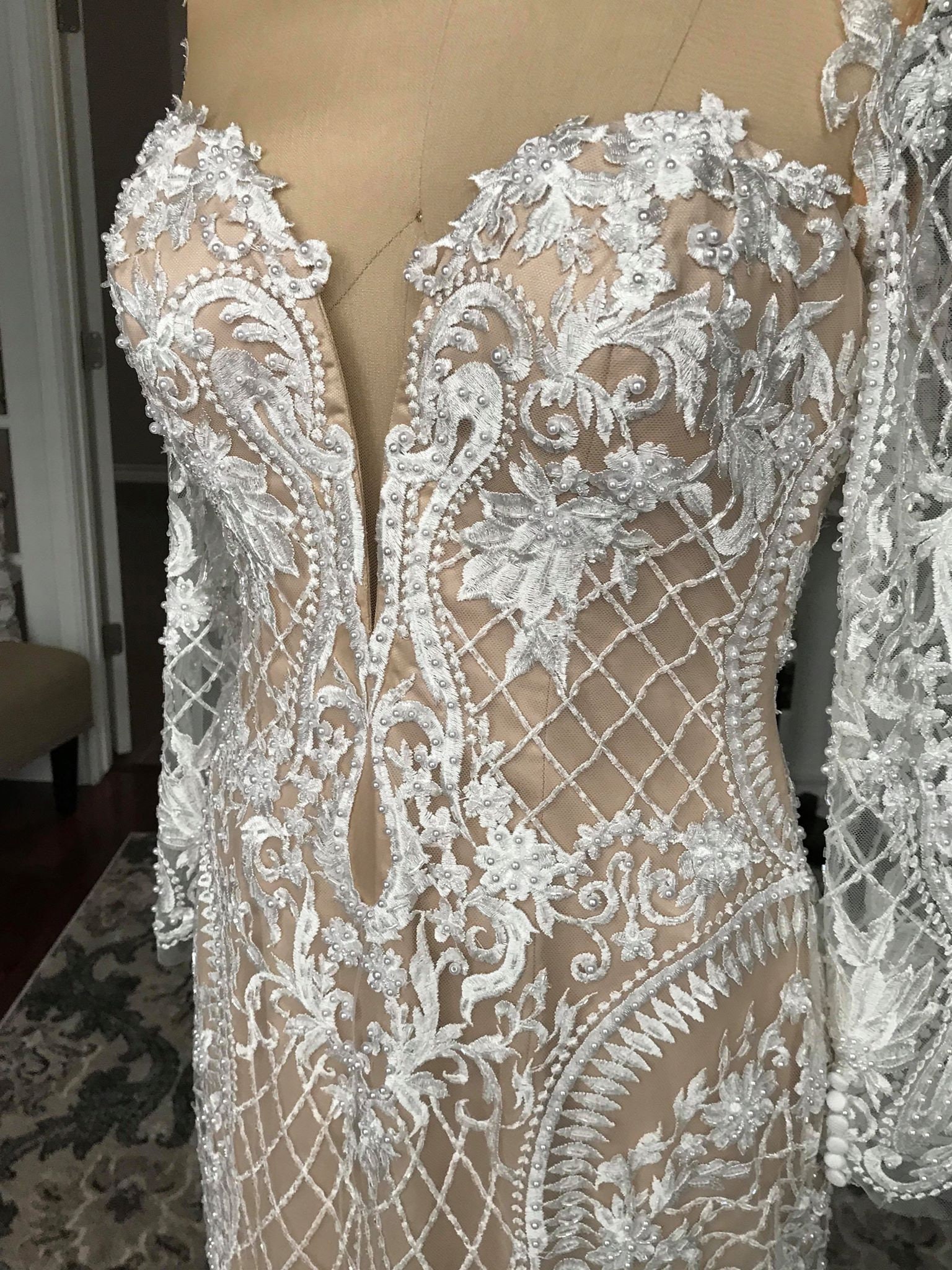 Jada-unique Beaded Lace Wedding Dress With Skintone Fabric | Etsy