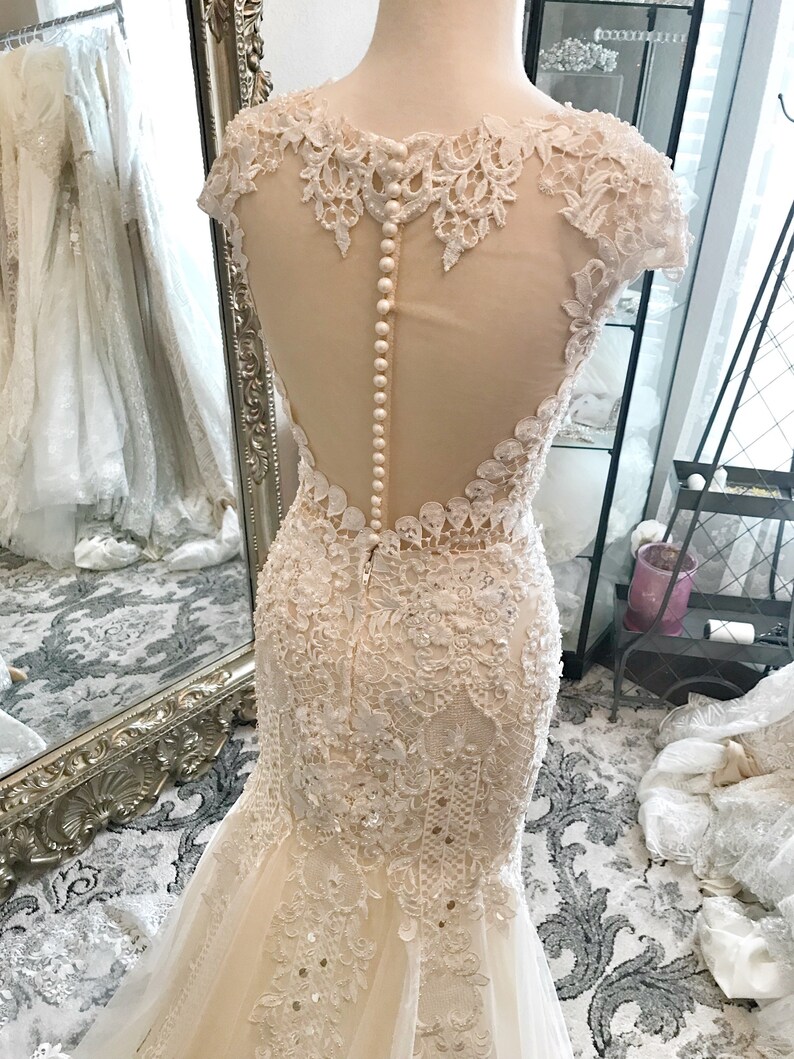 Stella unique Lace art deco, full beaded in champagne / ivory color, detachable skirt, lace wedding dress, fitted wedding dress, custom image 7