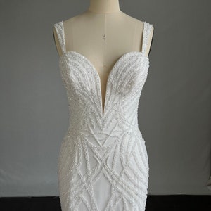 Amelia- Semi Custom Fit & Flare Wedding Dress- Plunge Neckline with Beading- Custom Wedding Dress