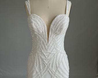 Beaded Plunge Neckline Fit & Flare Crepe Wedding Dress