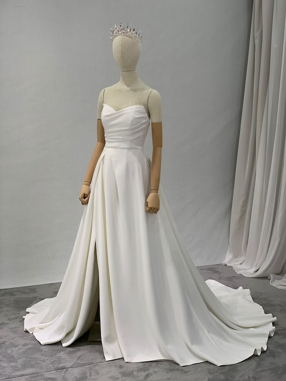Ava- Semi Custom A-Line Strapless Ruched Sweetheart Neckline Matte Satin Wedding Dress with Leg Slit - Custom Wedding Dress