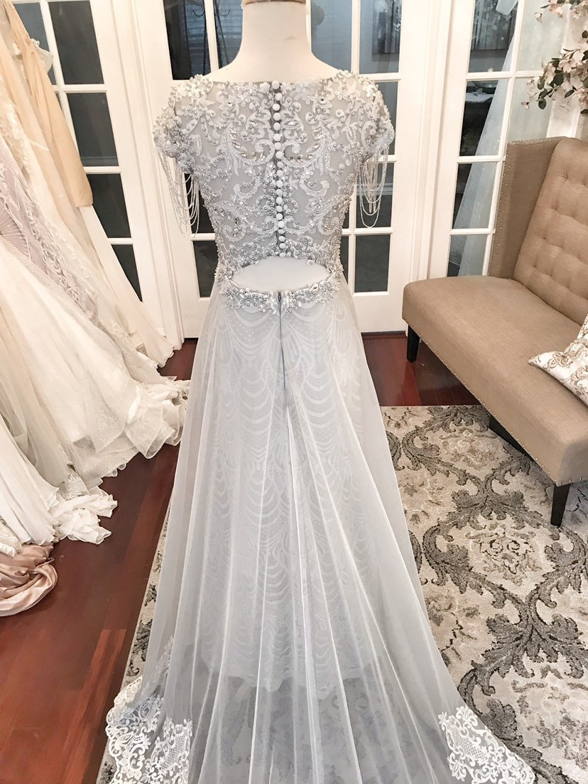 grey beaded wedding dress Grey Beaded Wedding Dress: Vintage Inspired Custom Bridal Gown