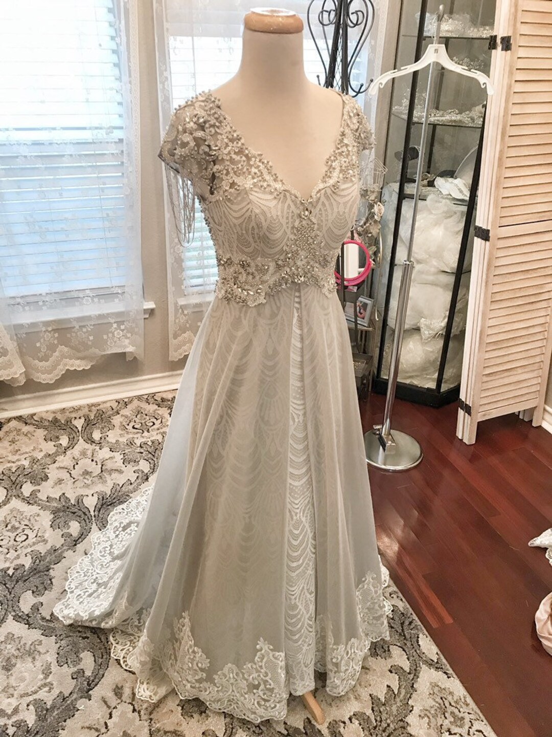 Grey Beaded Wedding Dress: Vintage Inspired Custom Bridal Gown
