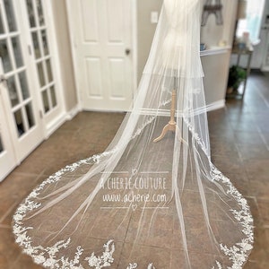 Chapel length lace veil, Sequin Floral Lace, sequins, long veil, unique veils, light ivory veil, floral lace veils