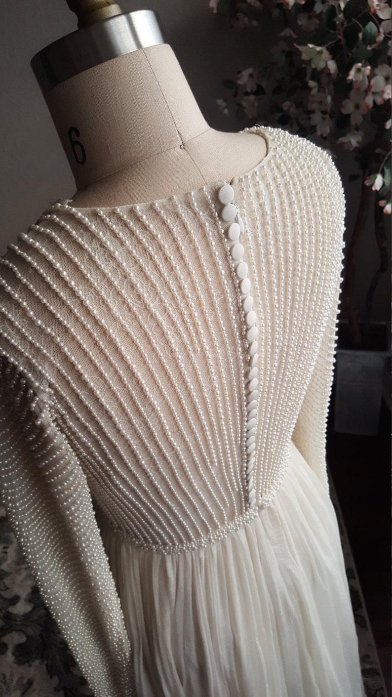 Pearl Hand beaded Sheer Pearl Lace Silk Chiffon Wedding Gown, Simple Wedding gown, Sexy Wedding Gown, Pearl Wedding Dress, Sheath, Chiffon image 6