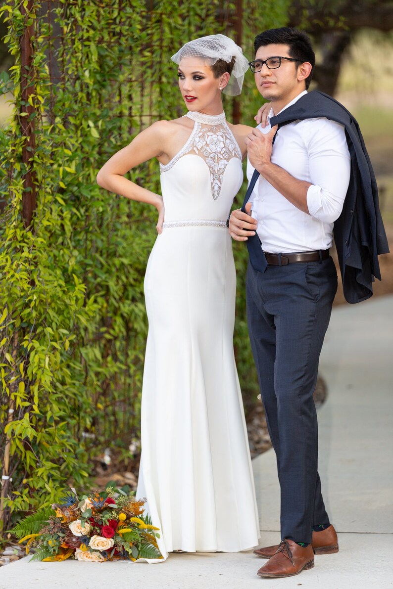 Bloom heavy beaded and embroidered flower halter wedding dress, fit and flare, sleek, fitted sexy wedding dress, illusion back, embroidery image 2