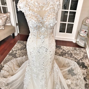 Stella unique Lace art deco, full beaded in champagne / ivory color, detachable skirt, lace wedding dress, fitted wedding dress, custom image 5