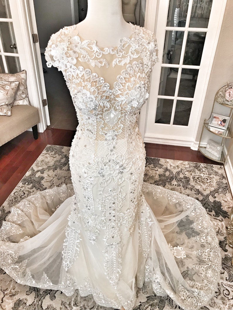 Stella unique Lace art deco, full beaded in champagne / ivory color, detachable skirt, lace wedding dress, fitted wedding dress, custom image 5
